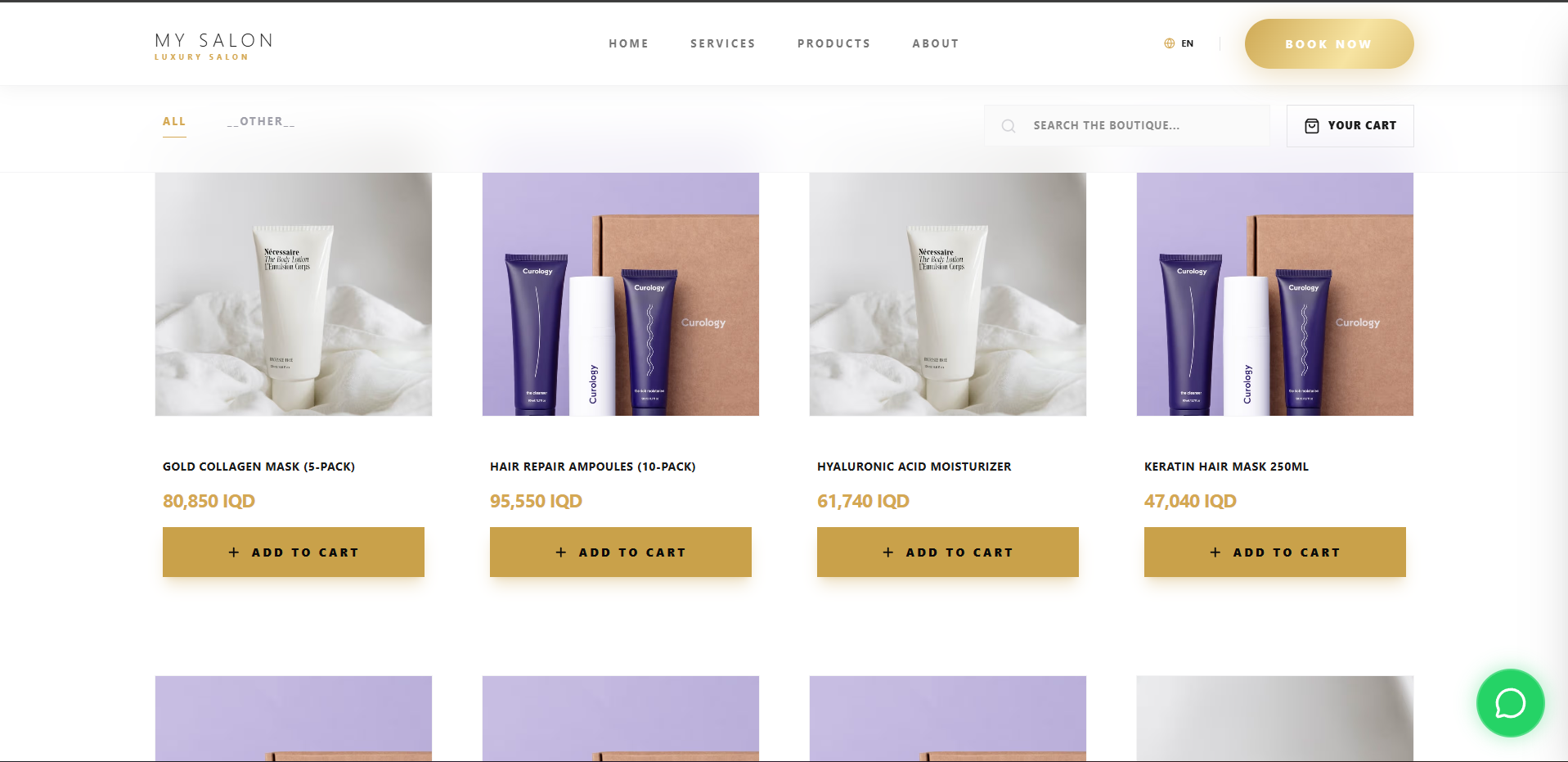 A salon's own customer-facing website built by krd.beauty — the product boutique with gold collagen masks, hair ampoules and moisturizers priced in IQD, each with an add-to-cart button